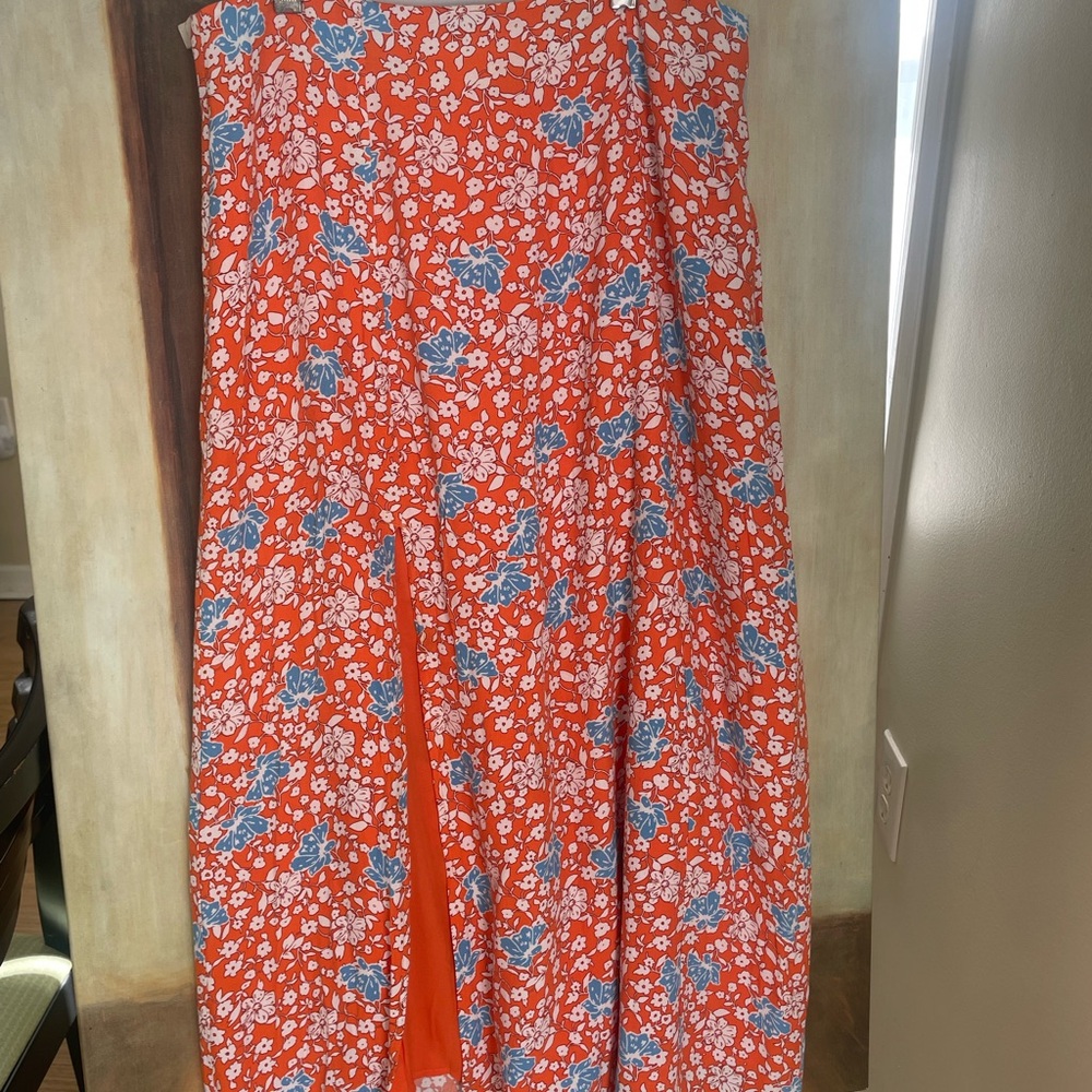 Anthropologie Orange Floral Skirt high side slit